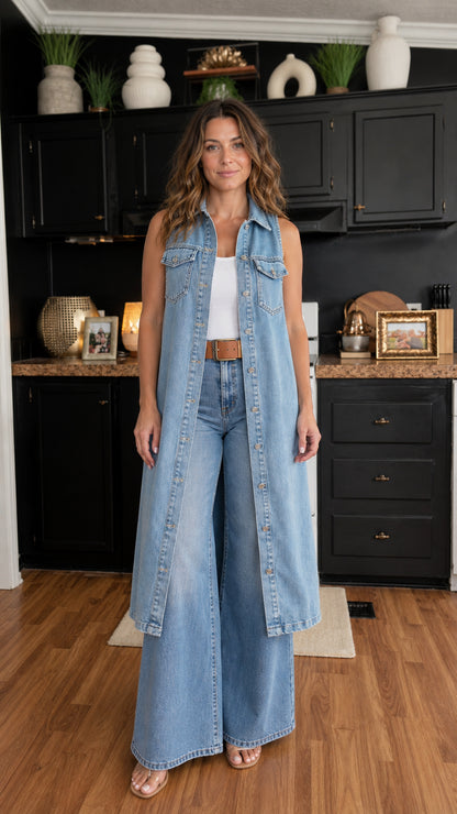 Front view of woman wearing light blue longline denim vest with wide-leg jeans