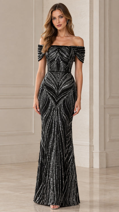 Full front view of model wearing black off-the-shoulder sequin mermaid evening gown
