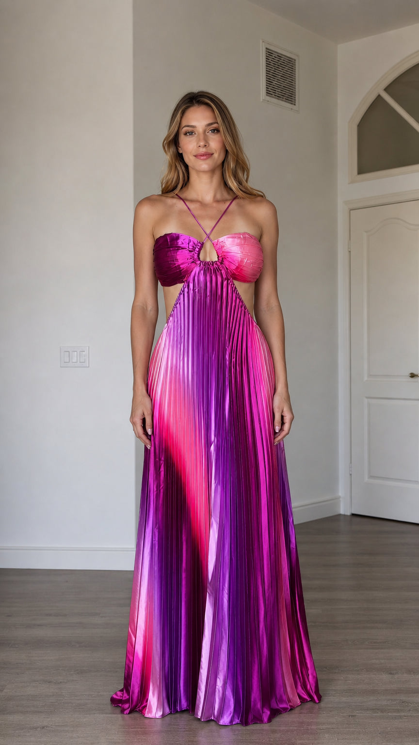 Front view of model wearing the multi pink metallic pleated halter maxi dress