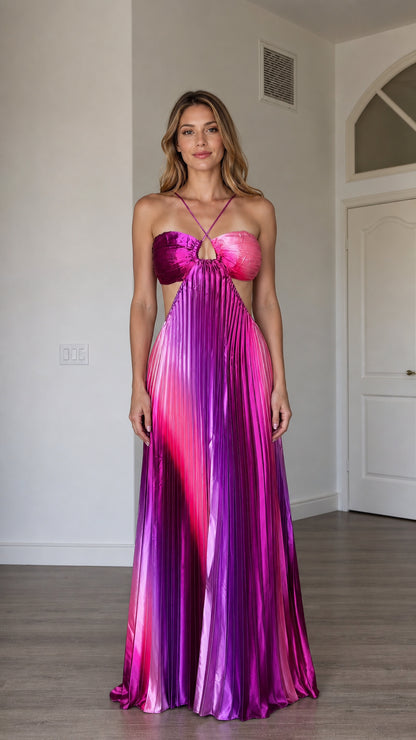 Front view of model wearing the multi pink metallic pleated halter maxi dress