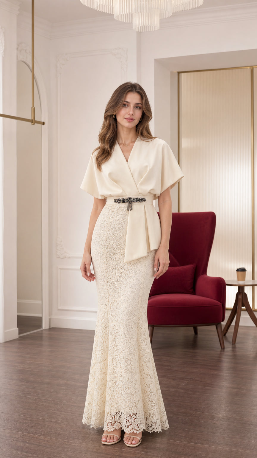 Full front view of elegant cream draped v-neck maxi dress with beaded waistband and lace mermaid skirt