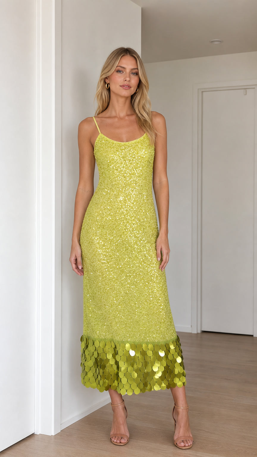 Model wearing lime green sequin midi dress with oversized sequin hem, front view