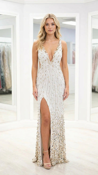 Front full-length view of white beaded deep V-neck gown with thigh slit