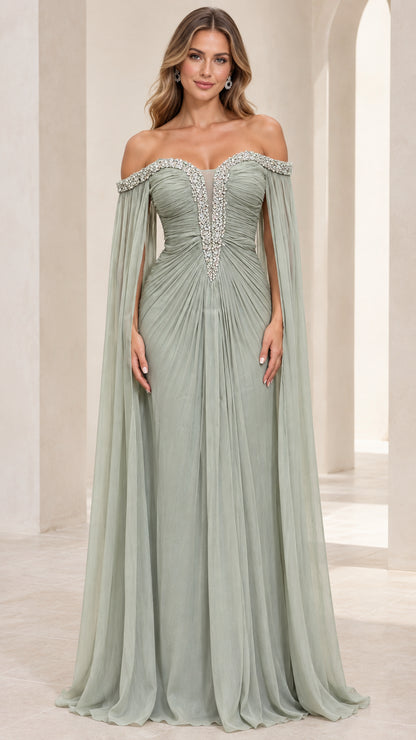 Sage Green off-the-shoulder evening gown with crystal trim and flowing cape sleeves - front view