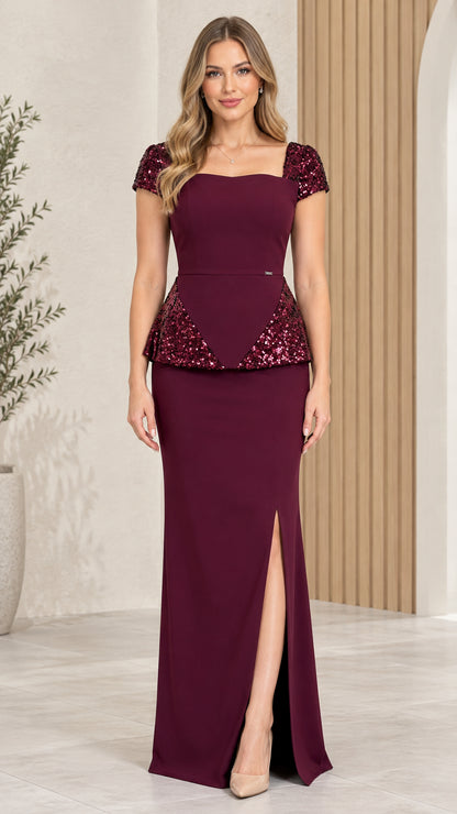 Burgundy square neck sequin peplum evening maxi dress front view