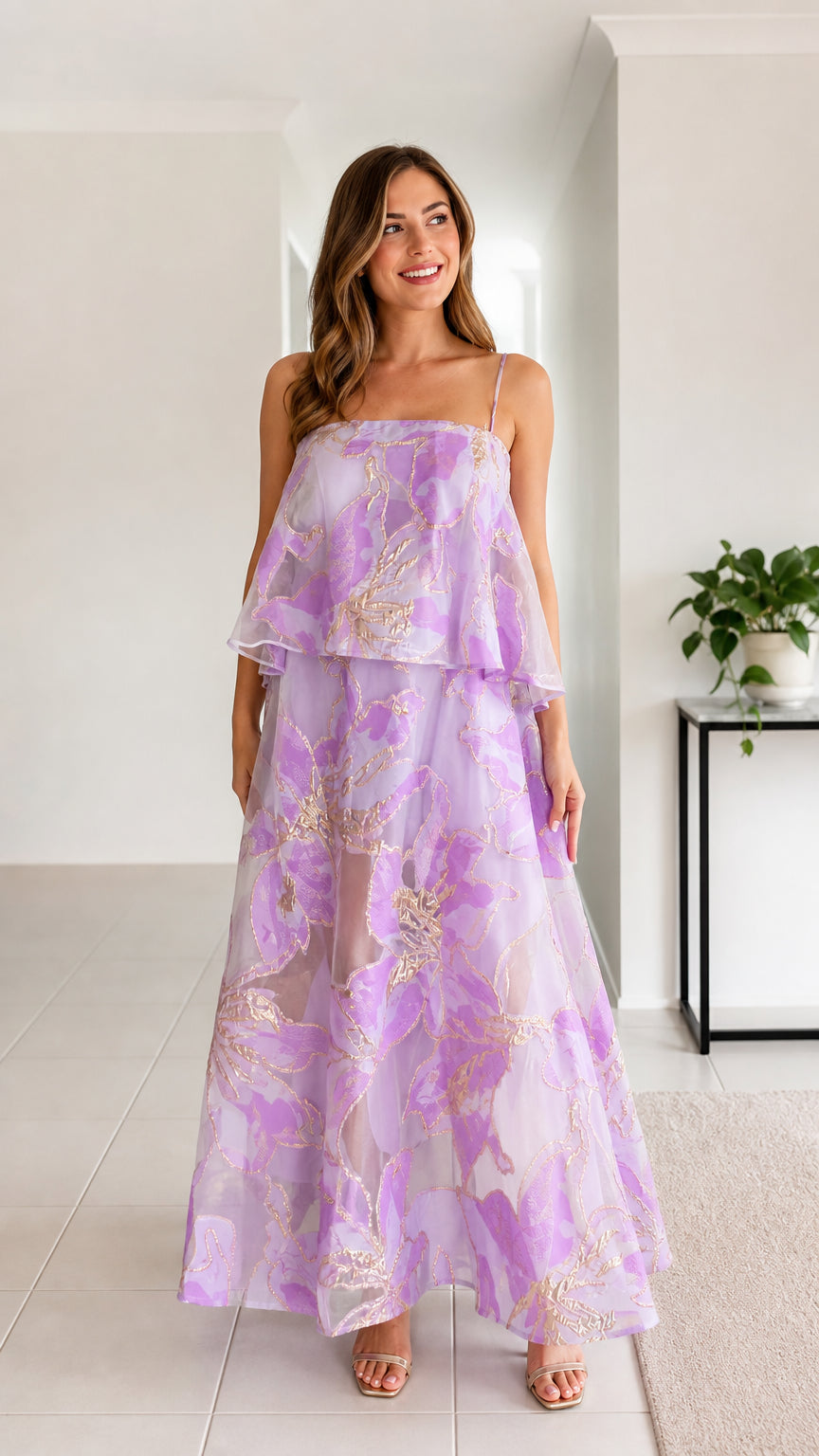 Front view of woman wearing lavender floral metallic tiered cami maxi dress