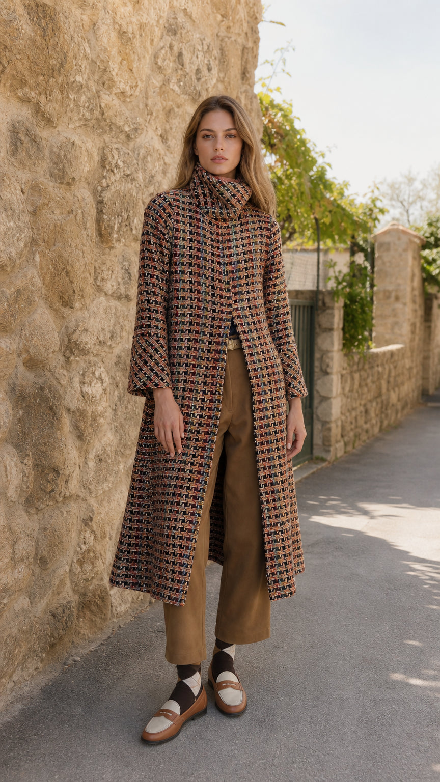 Full front view of model wearing rust multi high neck tweed long coat with brown trousers and loafers