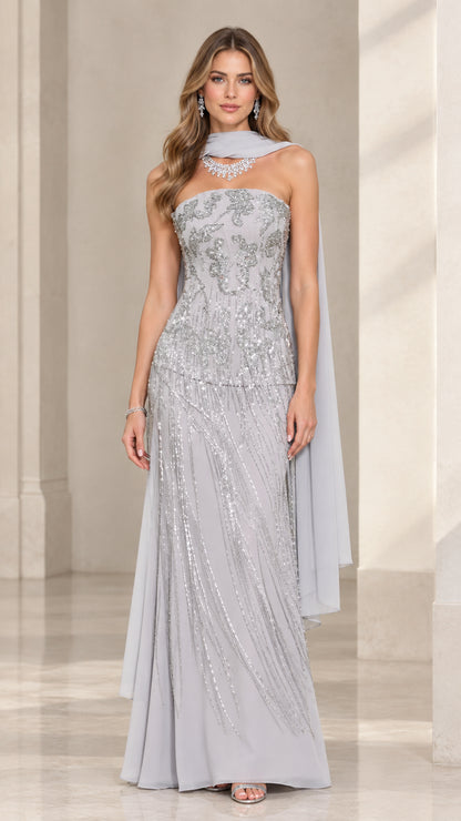 Silver Grey strapless beaded column evening gown with matching sheer neck drape