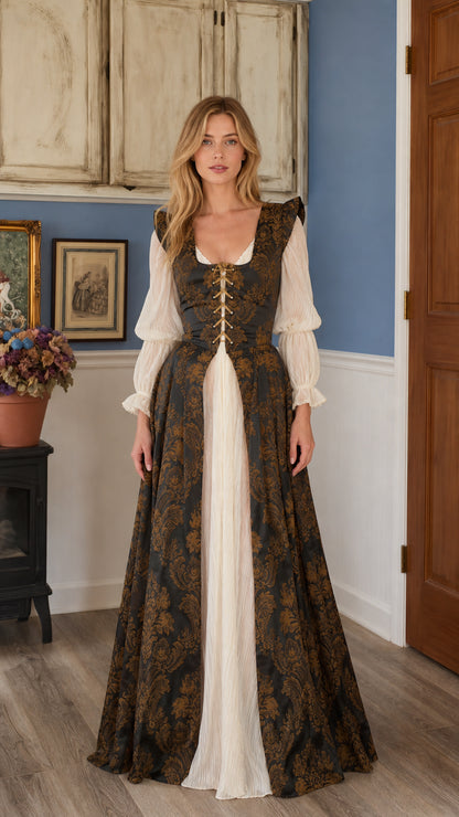 Renaissance medieval lace-up overdress gown front view in dark charcoal