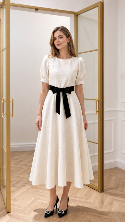 Front view of cream textured puff sleeve midi dress with black velvet belt