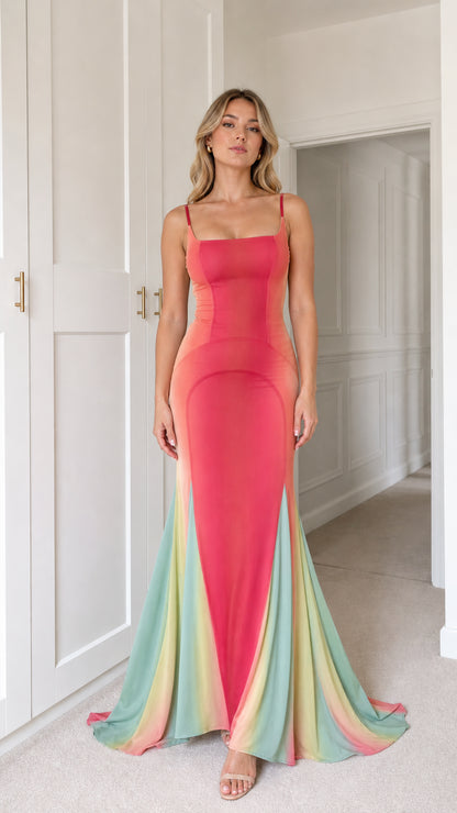 Front view of red lace-up back mermaid maxi dress