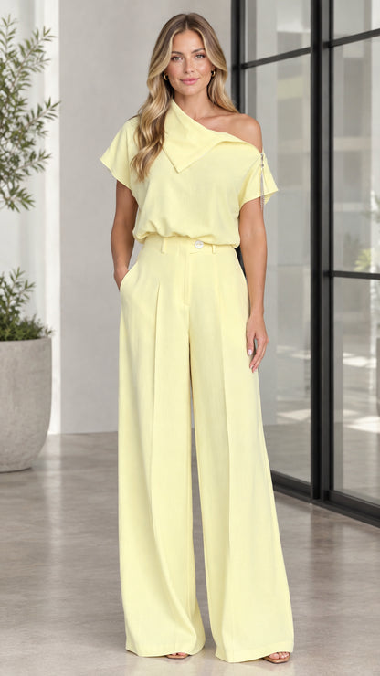Butter Yellow asymmetric short sleeve top and wide leg pants set front view