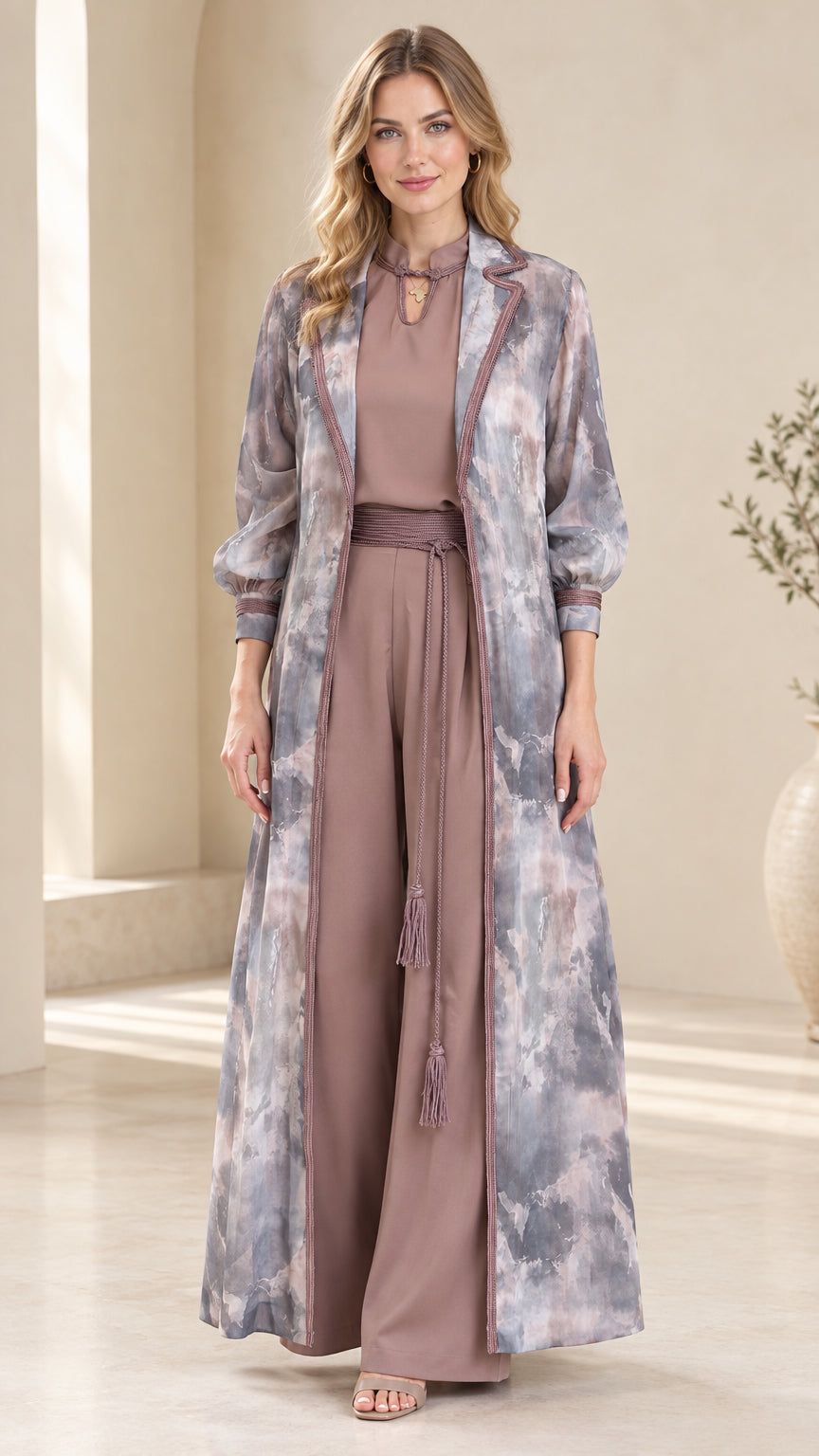 Front view of model wearing dusty mauve 3-piece watercolor duster and wide-leg pants set
