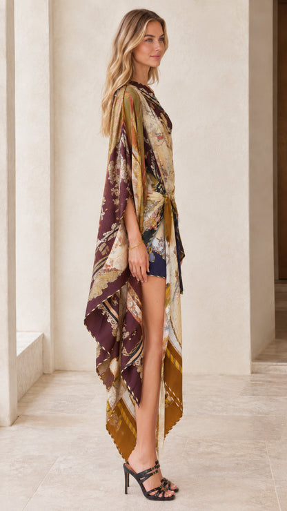 Side view of model showing draped cape silhouette and side slit hem in Wine Multi dress