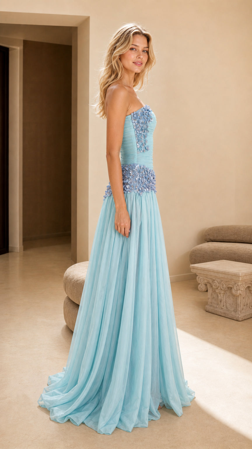 Side view of light blue strapless chiffon maxi dress