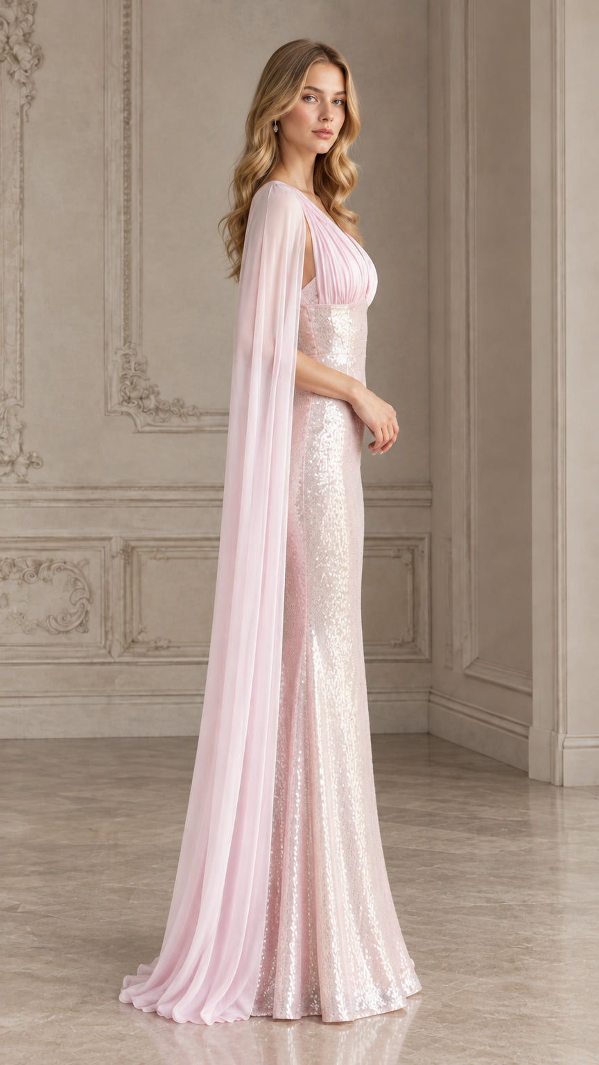Side profile view of blush pink sequin cape sleeve evening dress