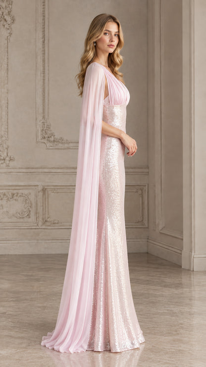 Side profile view of blush pink sequin cape sleeve evening dress
