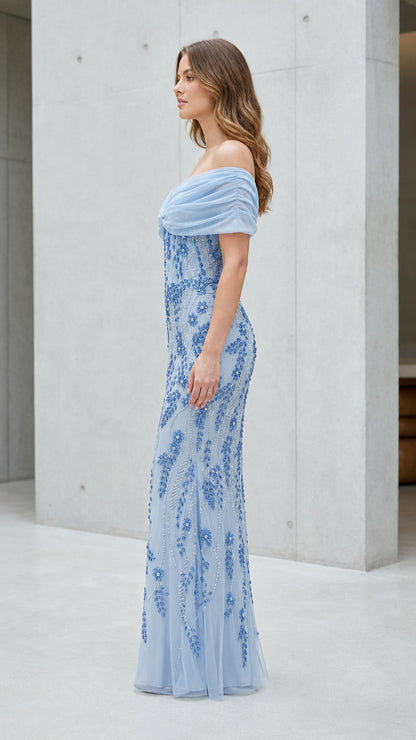 Side view of Light Blue Beaded Evening Gown