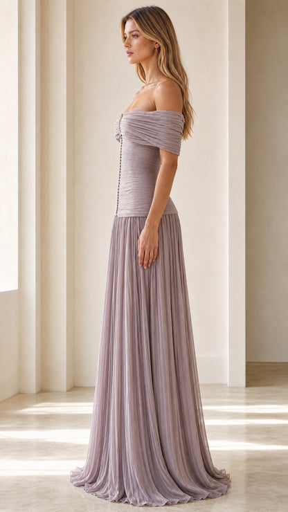 Side profile of lavender off-shoulder evening dress