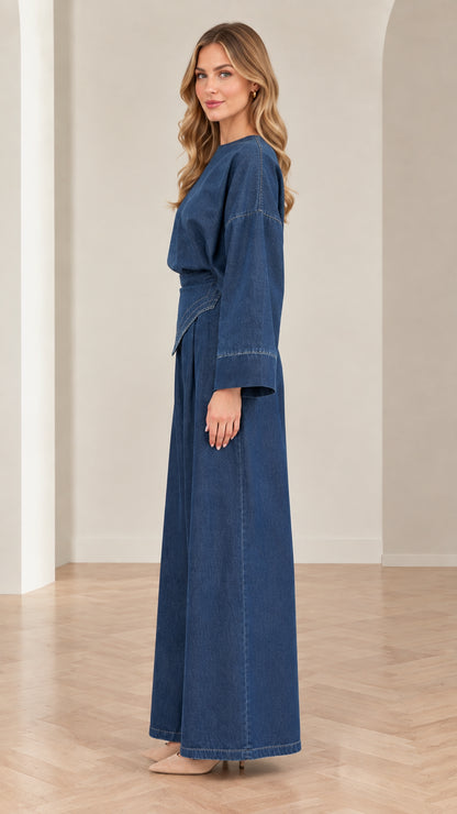 Women's denim blue matching set side profile view