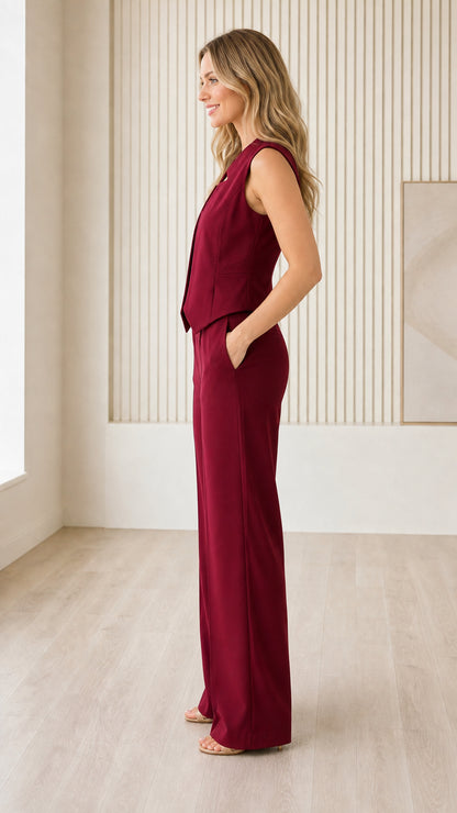 Side profile of model in burgundy two-piece set