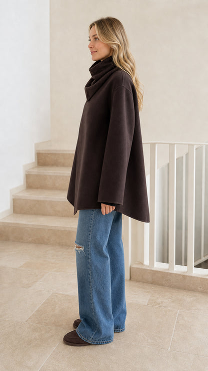 Side profile view of dark brown wool blend jacket