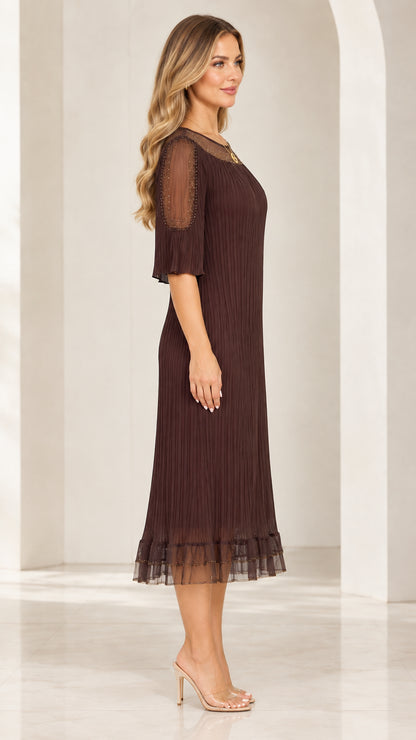 Side profile view of woman modeling Coffee Brown pleated midi dress with half sleeves