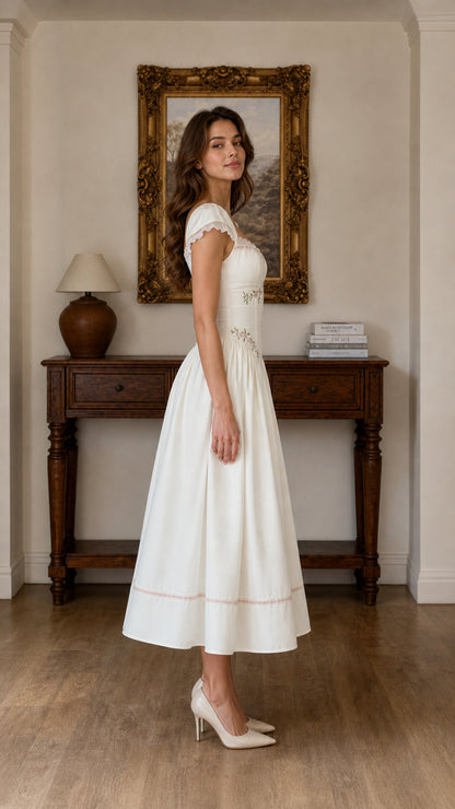 Side profile view of White embroidered midi dress