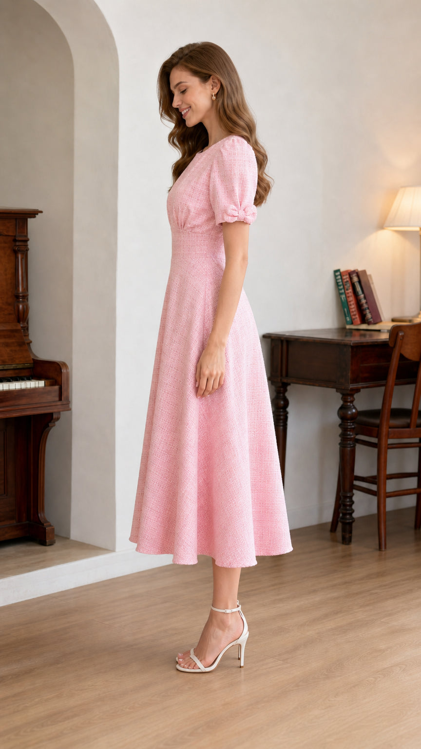 Side profile of woman wearing light pink puff sleeve midi dress with cinched waist