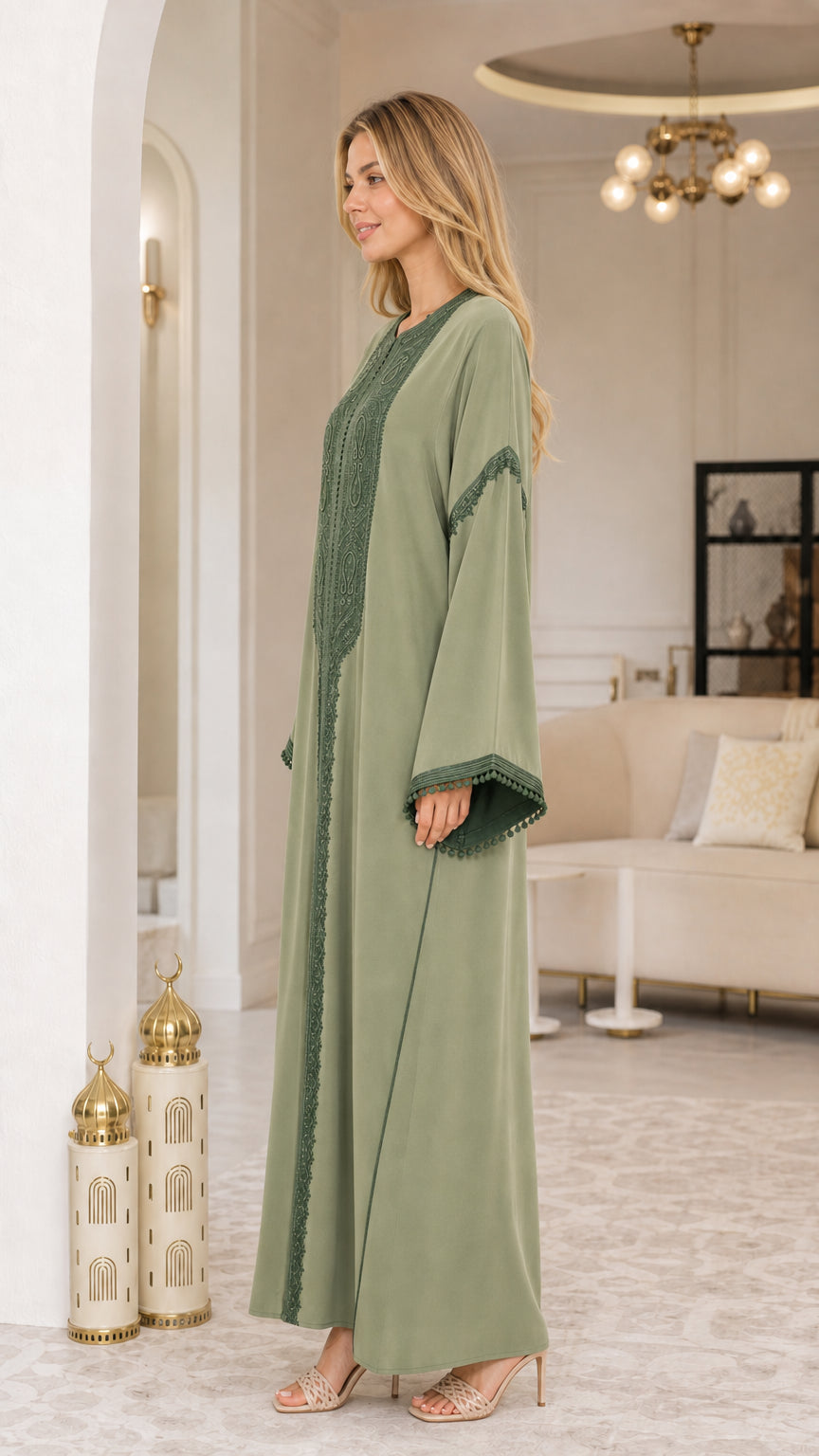 Side profile view of Sage Green embroidered kaftan maxi dress