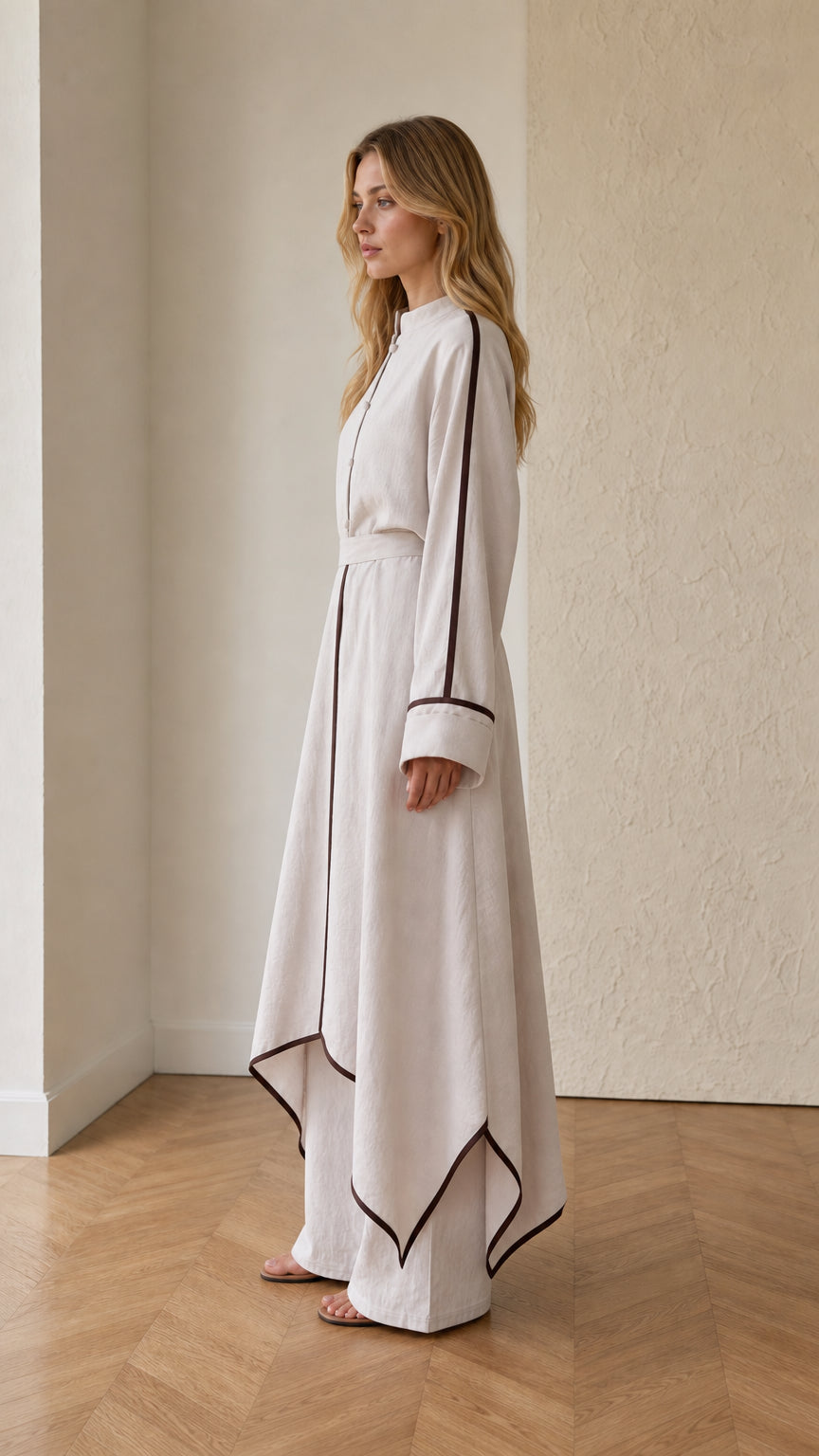 Side profile of beige long asymmetrical tunic and wide-leg trousers set