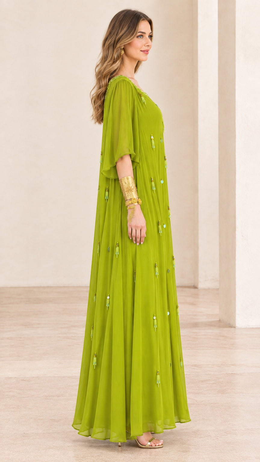 Side profile of lime green embellished chiffon kaftan dress with flared half sleeves