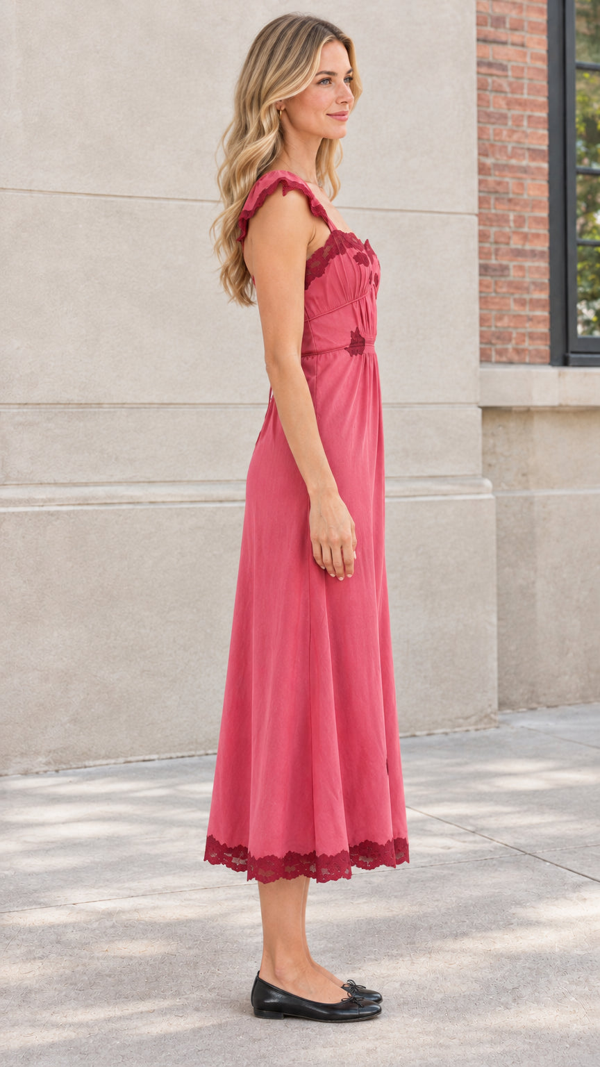 Side profile of model wearing Rose Pink ruffle strap midi dress