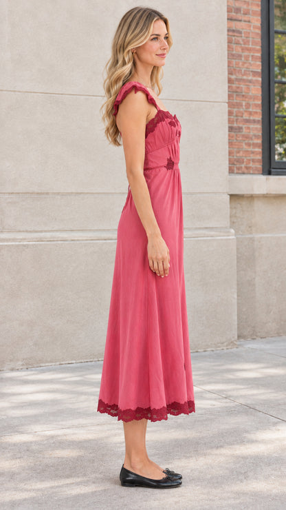 Side profile of model wearing Rose Pink ruffle strap midi dress