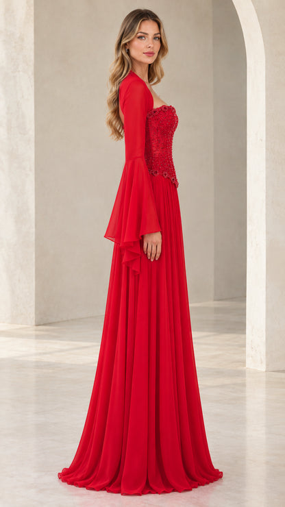 Red bell sleeve formal gown side profile view