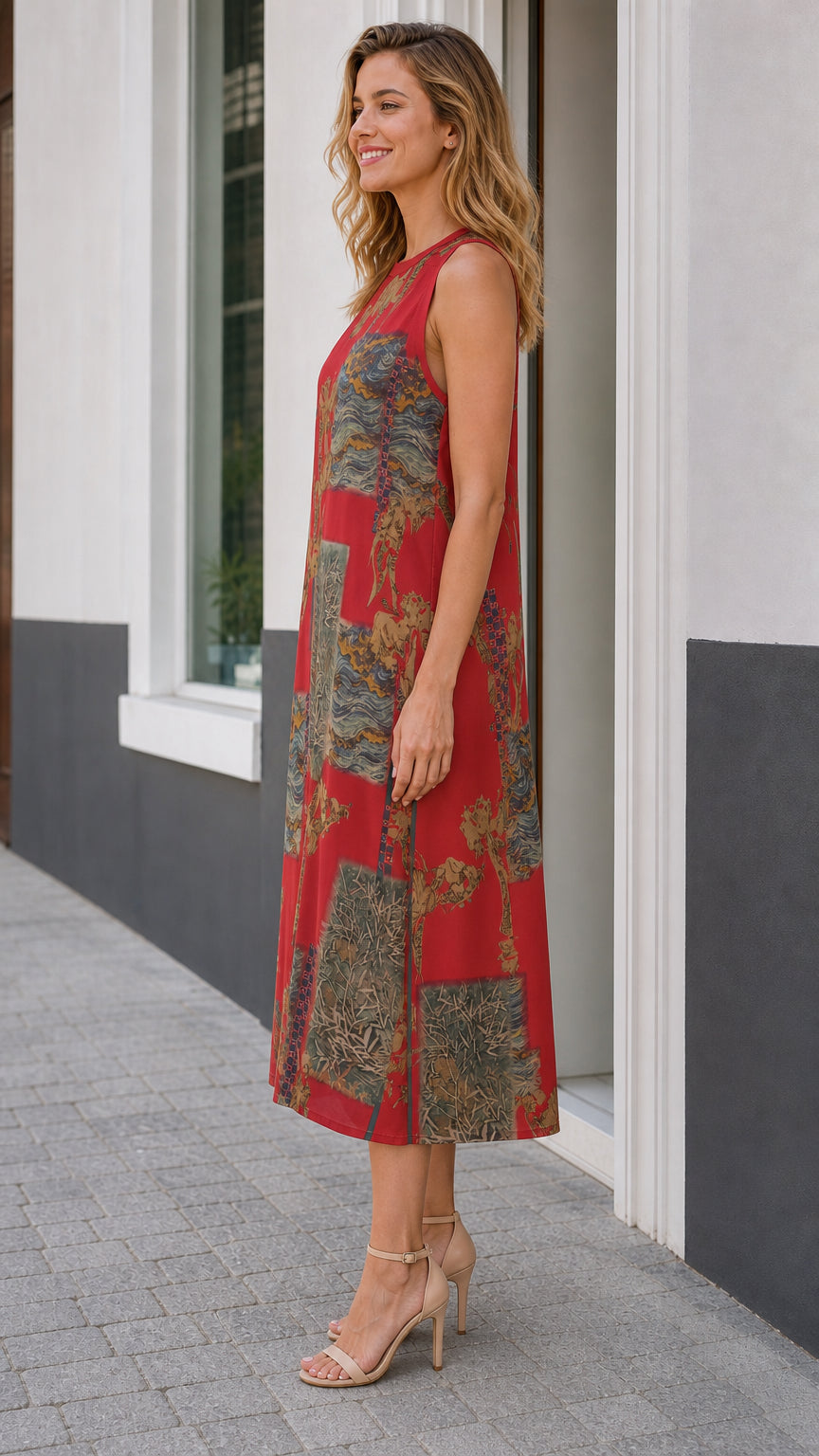 Side profile view of red sleeveless artistic print midi dress