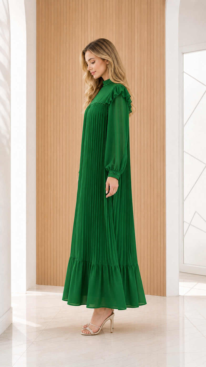 Emerald green long sleeve pleated evening gown - side view