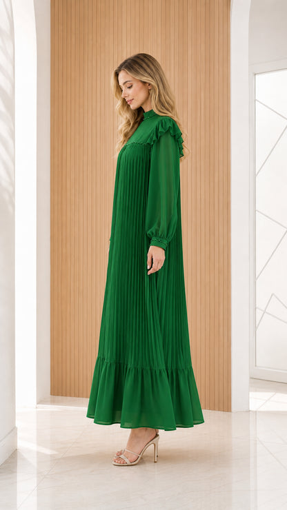Emerald green long sleeve pleated evening gown - side view