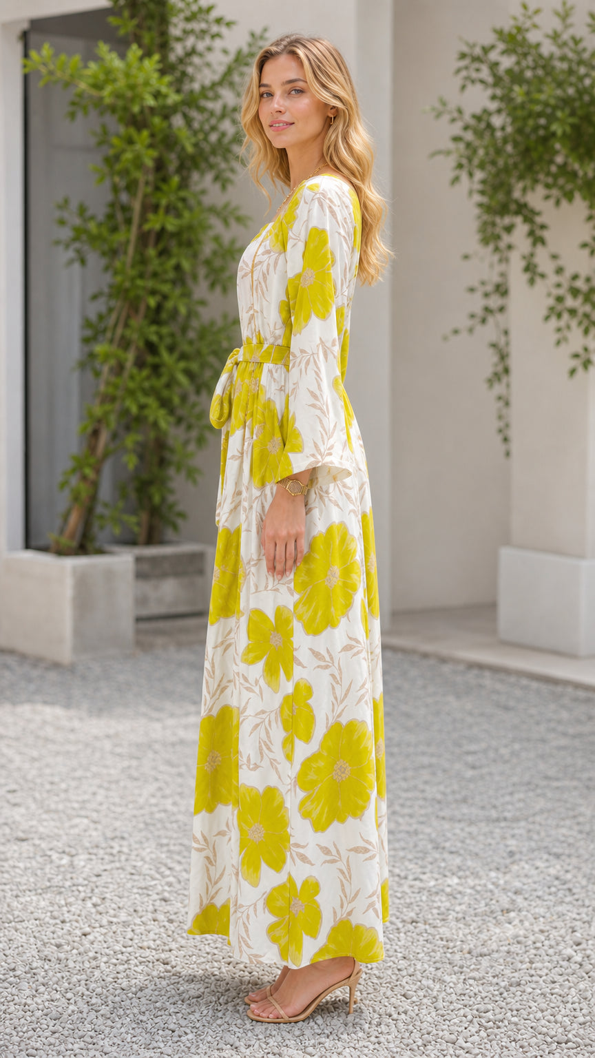 Side angle view of off-white floral maxi dress with tie belt