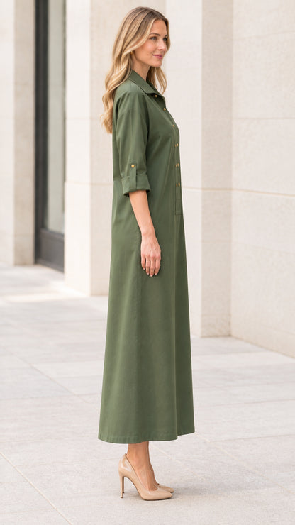 Side profile view of women's olive green long shirt dress