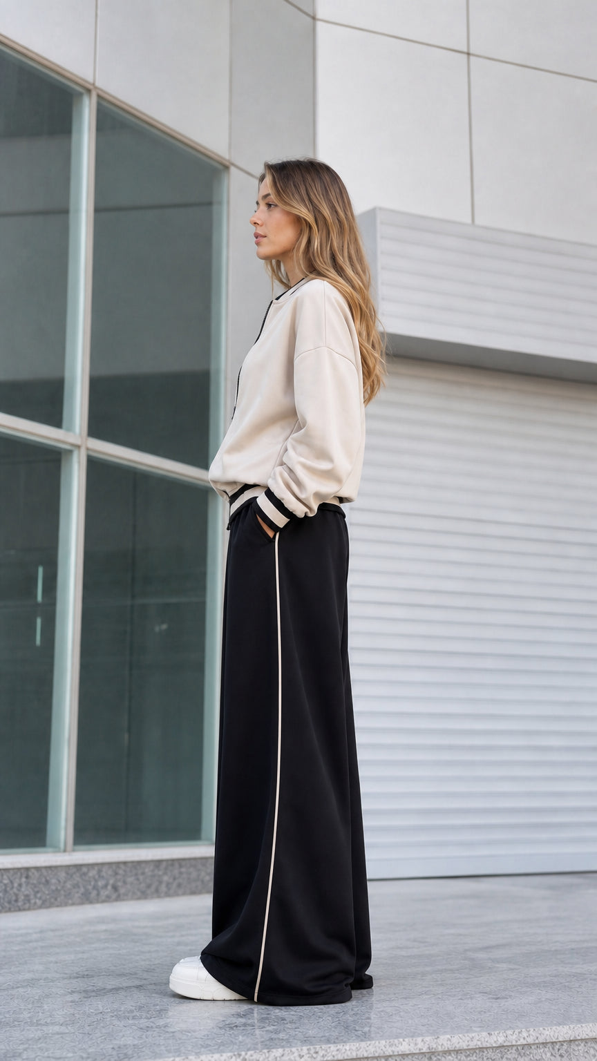 Side profile of model in beige varsity bomber jacket and wide leg pants