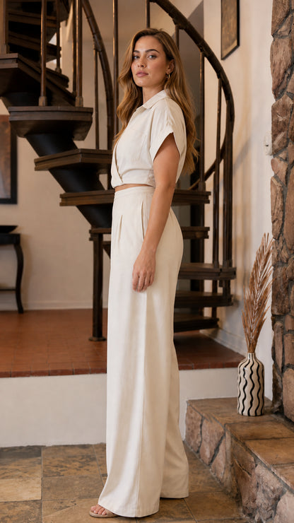 Side profile of woman in beige matching pants set