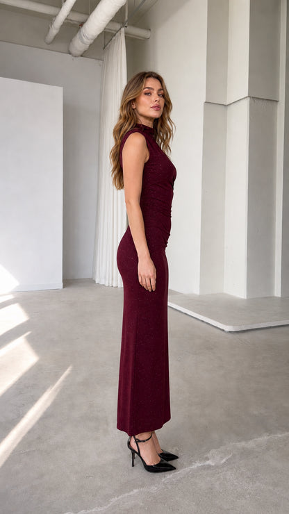 Burgundy high neck bodycon shimmer maxi dress side profile view