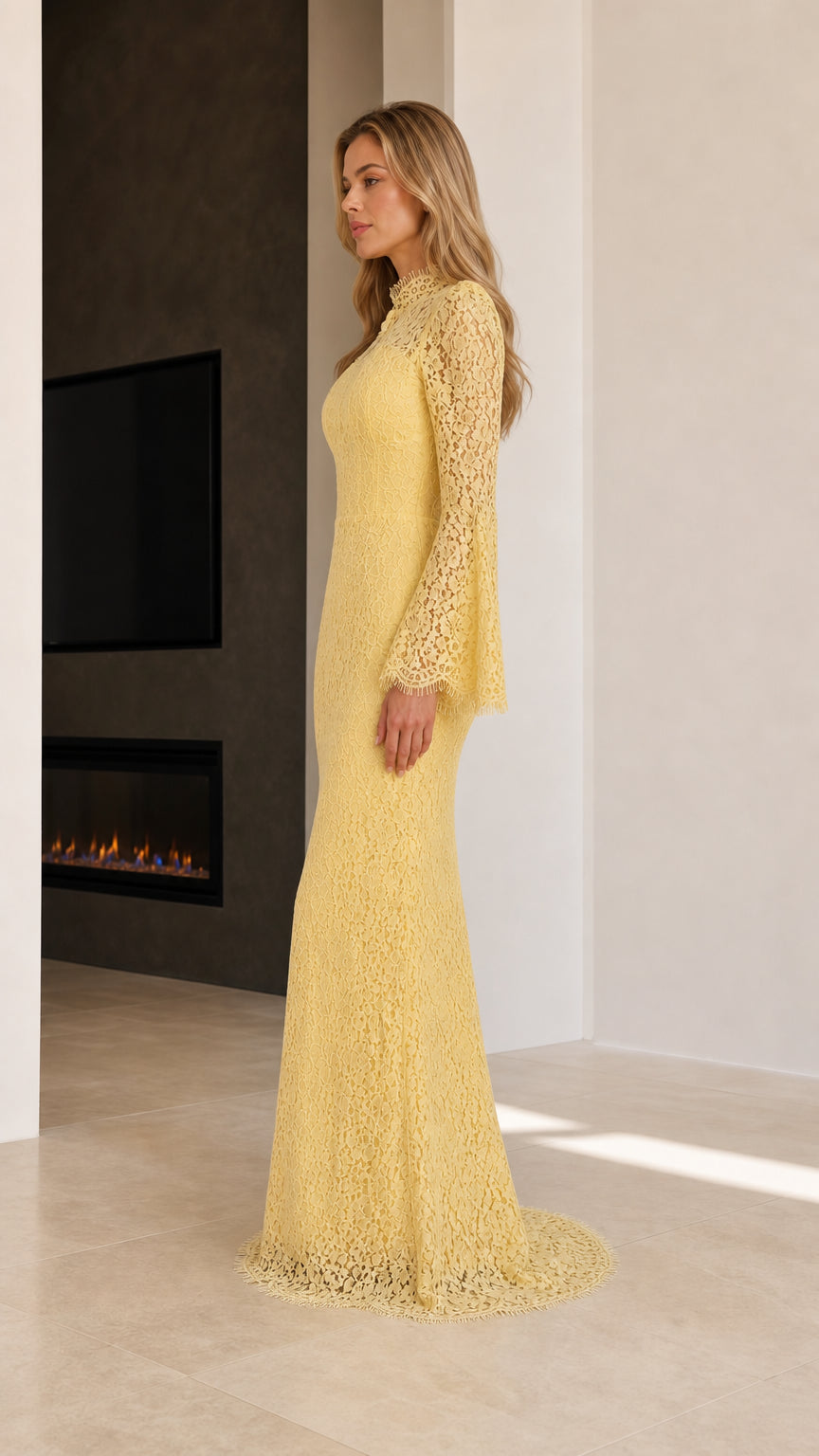 Side profile view of yellow bell sleeve lace evening dress