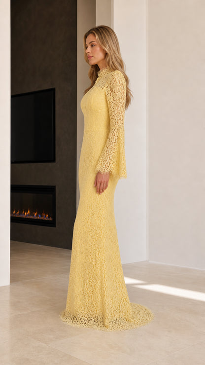 Side profile view of yellow bell sleeve lace evening dress