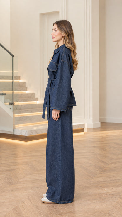Side profile of model wearing dark blue denim co-ord set