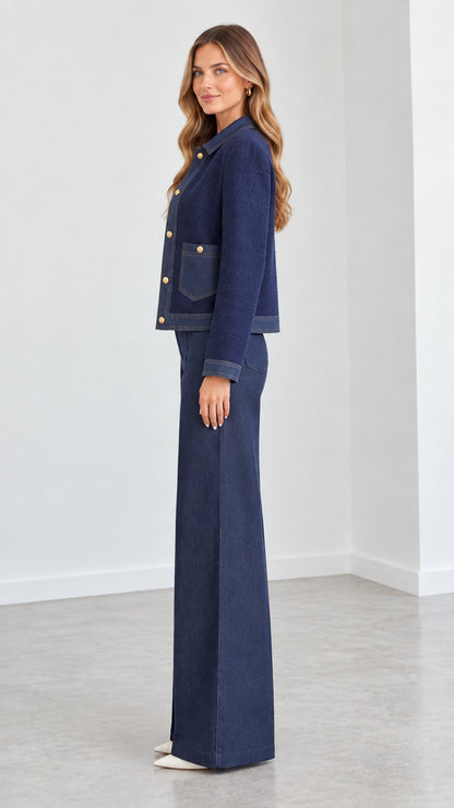 Side profile view of navy blue cropped jacket and high waist wide leg pants set