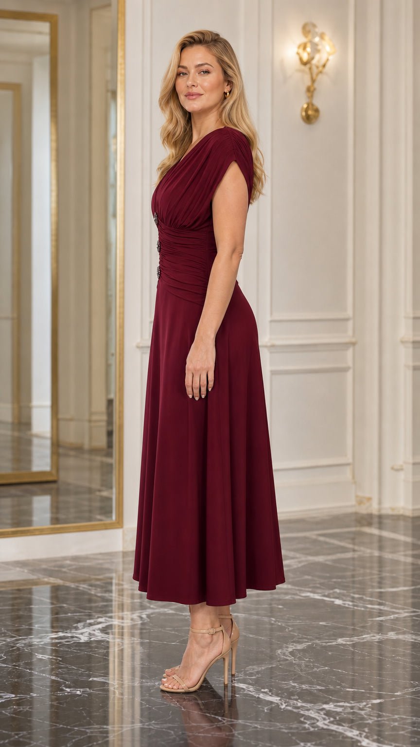 Side profile view of woman wearing Burgundy Pleated Midi Dress
