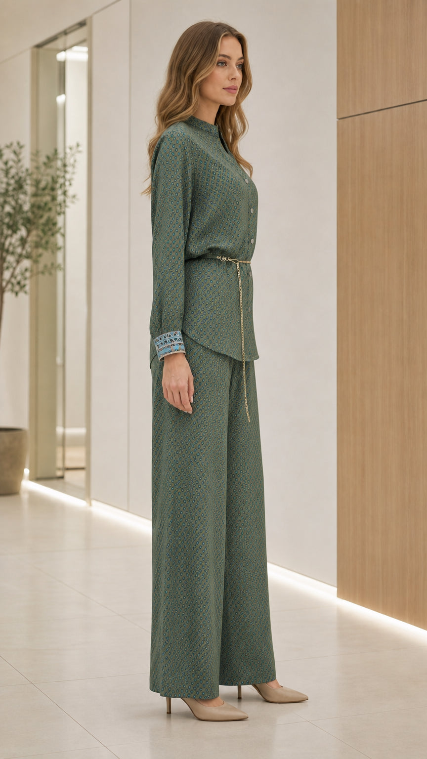 Side profile of model in sage green matching blouse and wide-leg pants
