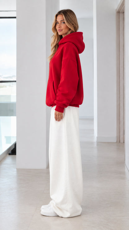 Women's red drop-shoulder hoodie - side view
